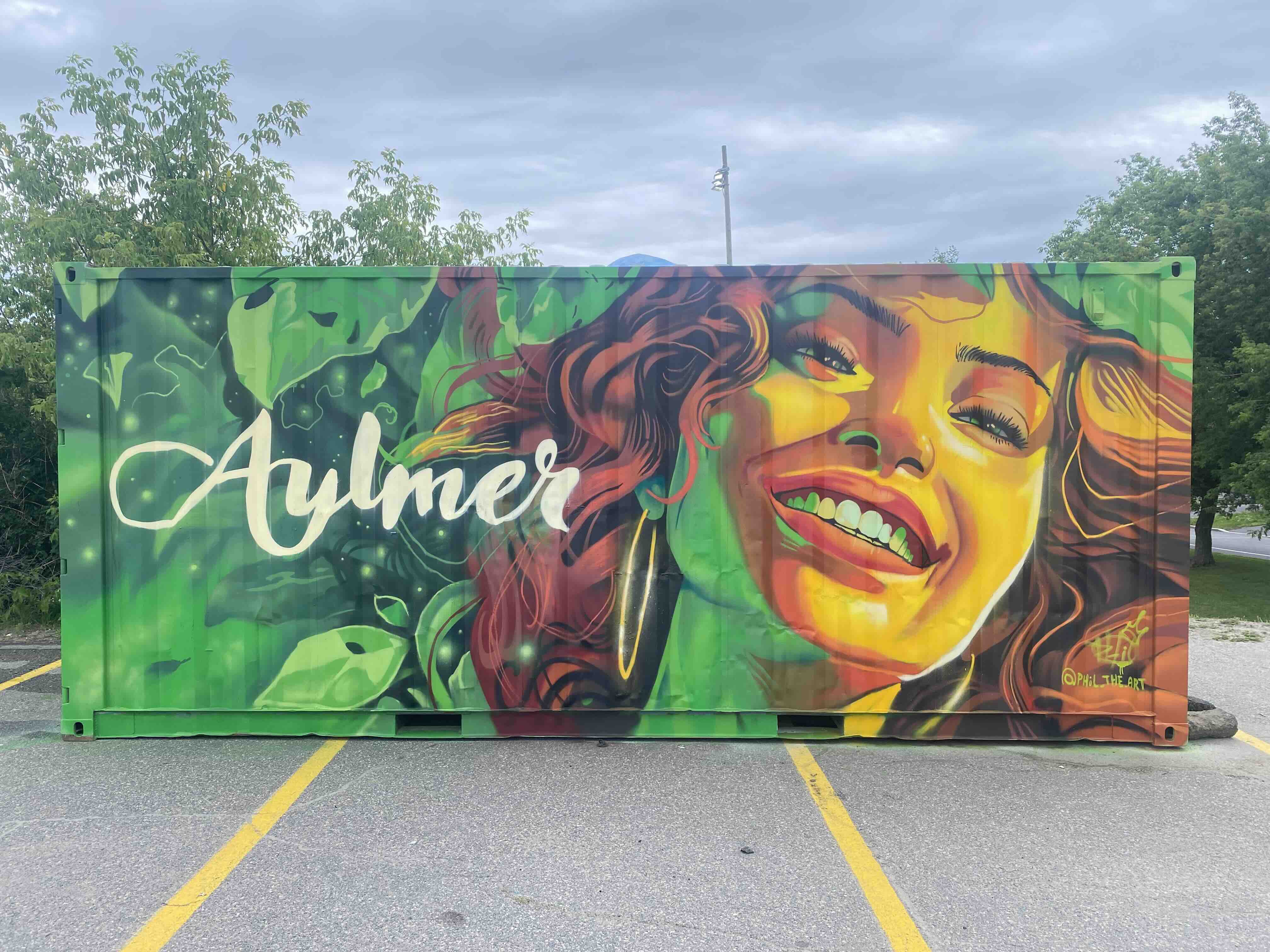 Peinture sur conteneur maritime logo Aylmer portrait femme art public Outaouais